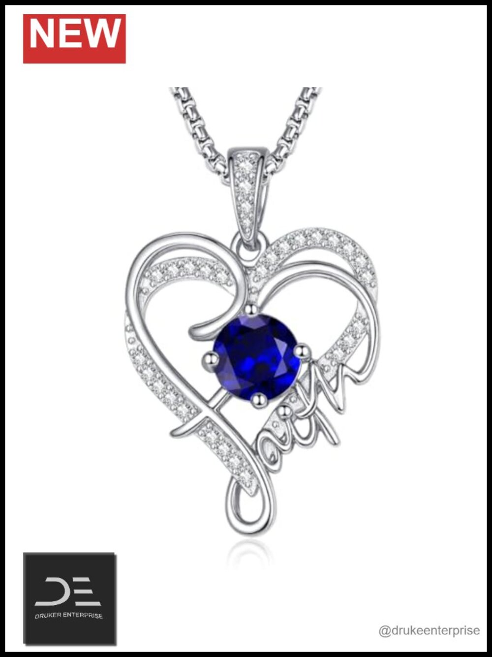 Faith Heart Pendant Necklace with Birthstone, White Gold Plated, Adjustable
